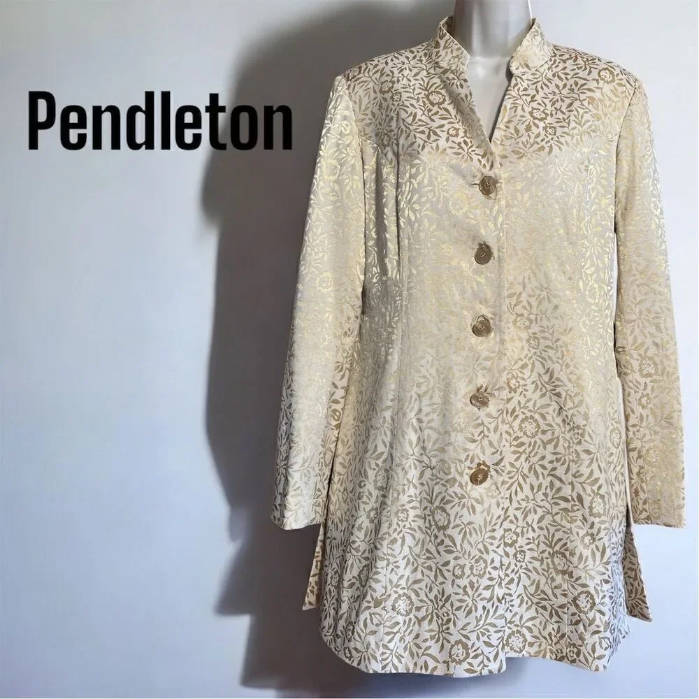 Pendleton Vintage 80's Gold Lame Cream Floral Long Overcoat Button Closure